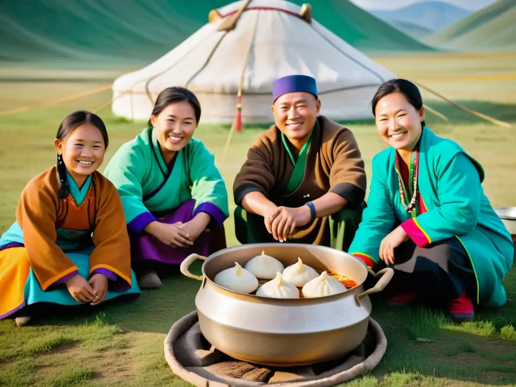 Una familia nómada mongola sonriente prepara buuz en su ger en la estepa, mostrando la hospitalidad de la gastronomía mongola