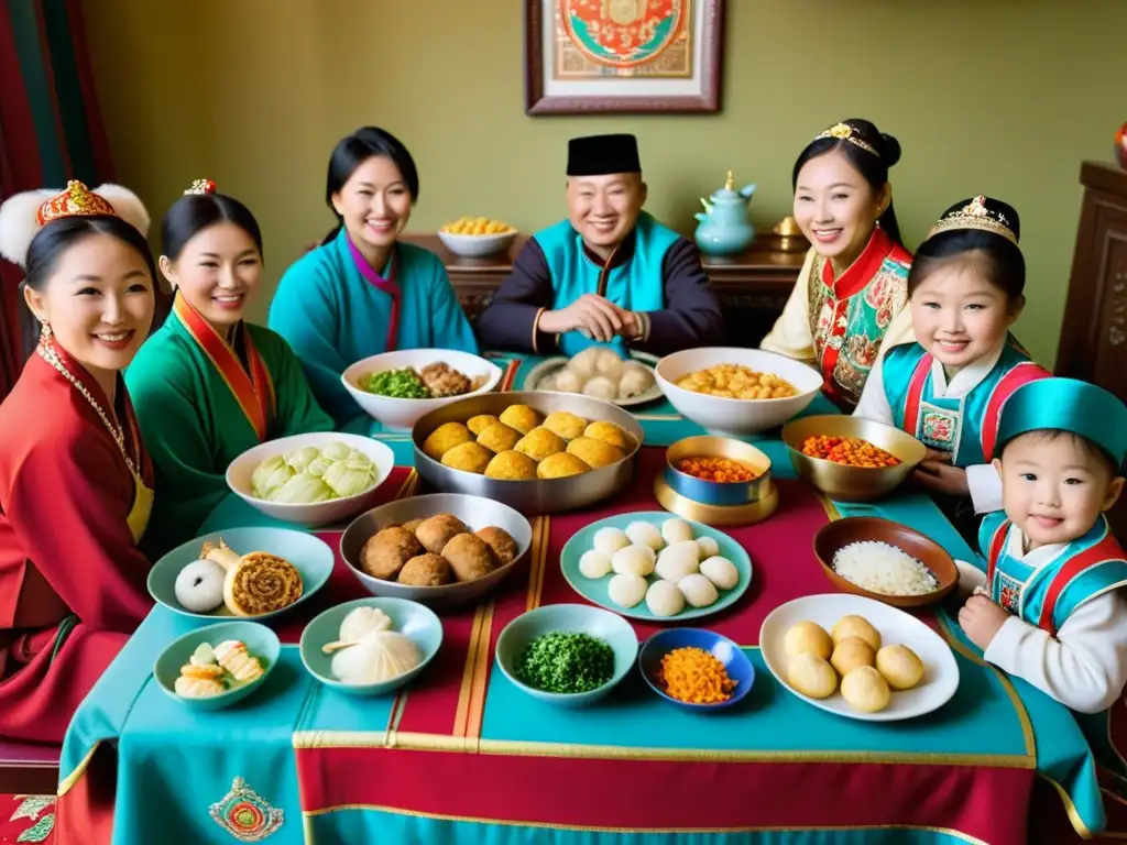 Una familia tradicional mongola se reúne alrededor de una mesa festiva para celebrar el Tsagaan Sar, con platos típicos y vestimenta colorida