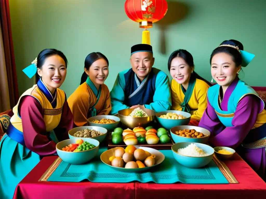 Una familia tradicional mongola celebra Tsagaan Sar con mesa colorida y decoraciones vibrantes, capturando la esencia de la festividad en Mongolia