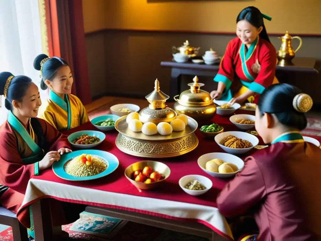 Una familia tradicional mongola celebrando Tsagaan Sar en un ambiente cálido y festivo con Orígenes Tsagaan Sar Mongolia