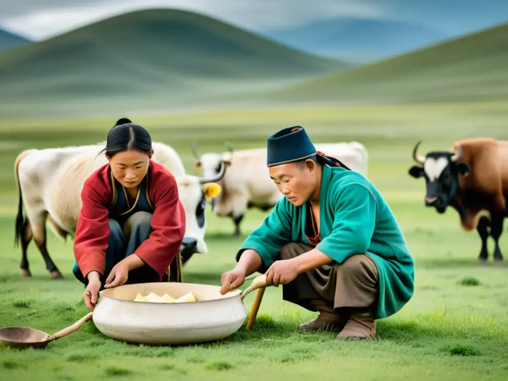 Una familia nómada mongola ordeña yaks en las vastas praderas, mostrando la intimidad y belleza de la producción láctea