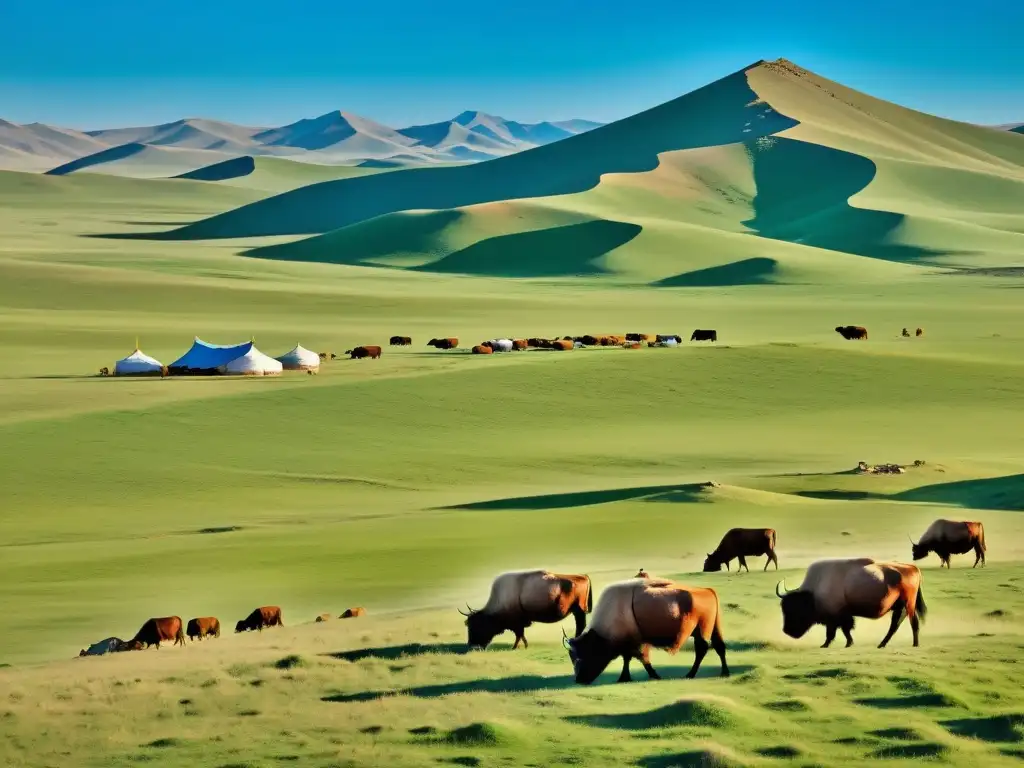 Familia nómada mongola cuida de sus yaks en la vasta estepa, reflejando la influencia mongola en la geopolítica actual