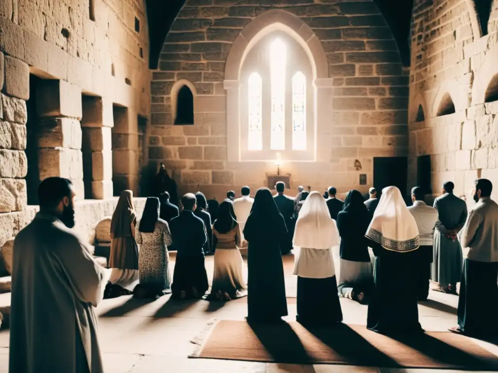 'Familias cristianas se reúnen en oración en una iglesia de Medio Oriente Mongol, con iconos antiguos en las paredes'