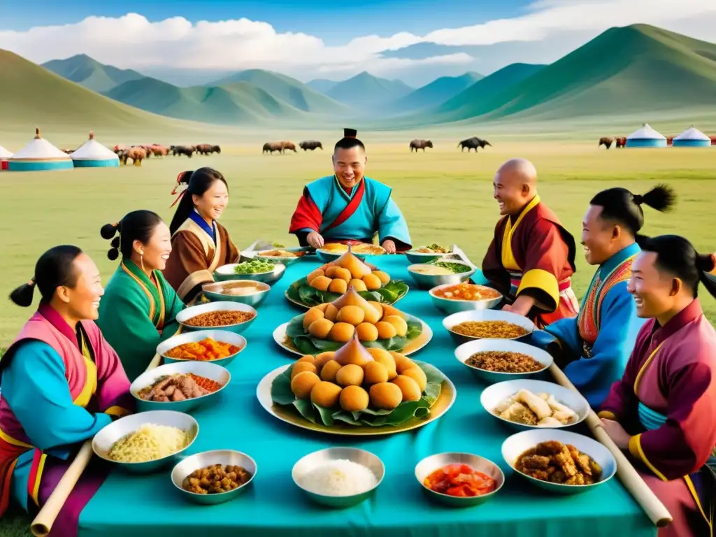 Una festín tradicional mongol con guerreros, comida variada y colorida en las estepas