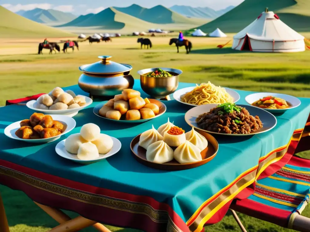 Una festín tradicional mongol con platos variados como buuz, khuushuur y tsuivan, en un escenario de la estepa del Imperio Mongol