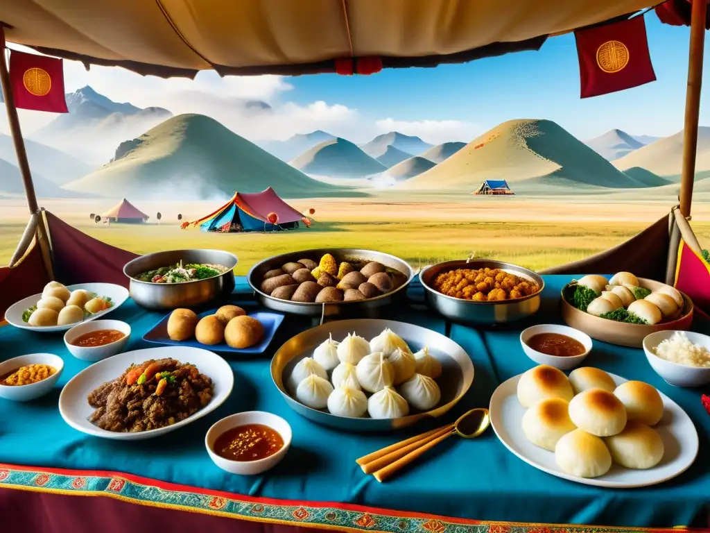 Una festín tradicional mongol con platos humeantes y una vista panorámica