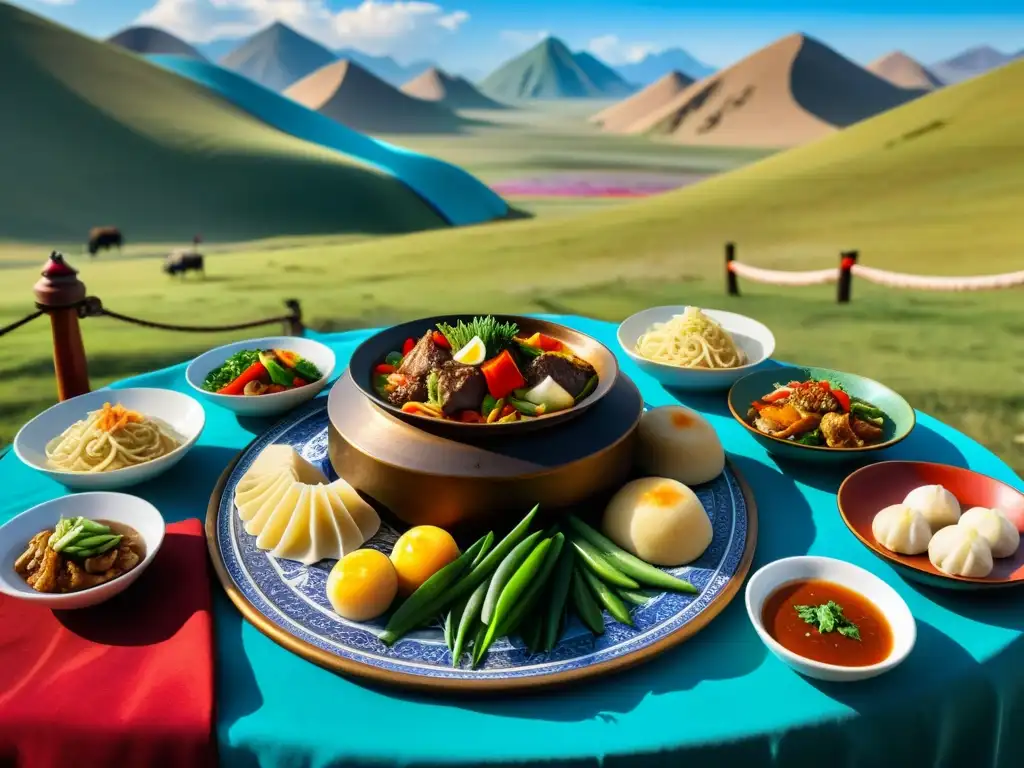 Un festín tradicional mongol con sabores ancestrales y cocina moderna, rodeado de paisajes impresionantes