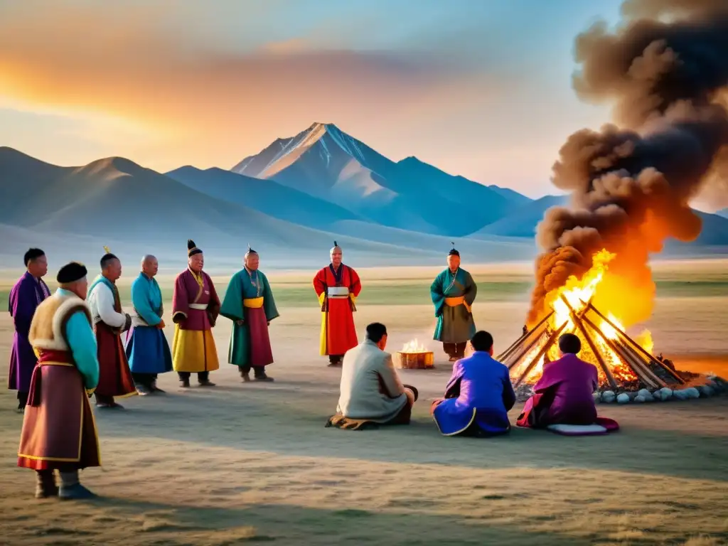 Un festival religioso en las vastas llanuras del imperio mongol, con adoradores reunidos alrededor de una fogata sagrada