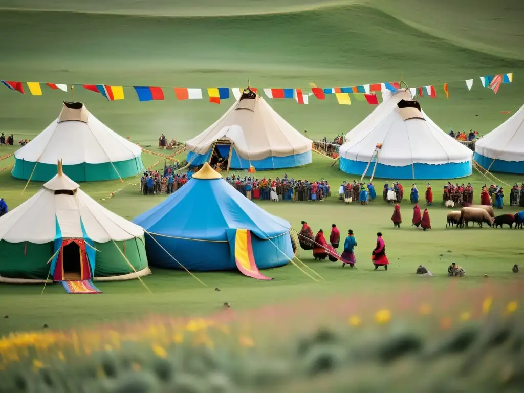 Una festividad cultural en el corazón del Imperio Mongol, con yurtas tradicionales y coloridas banderas en las vastas praderas