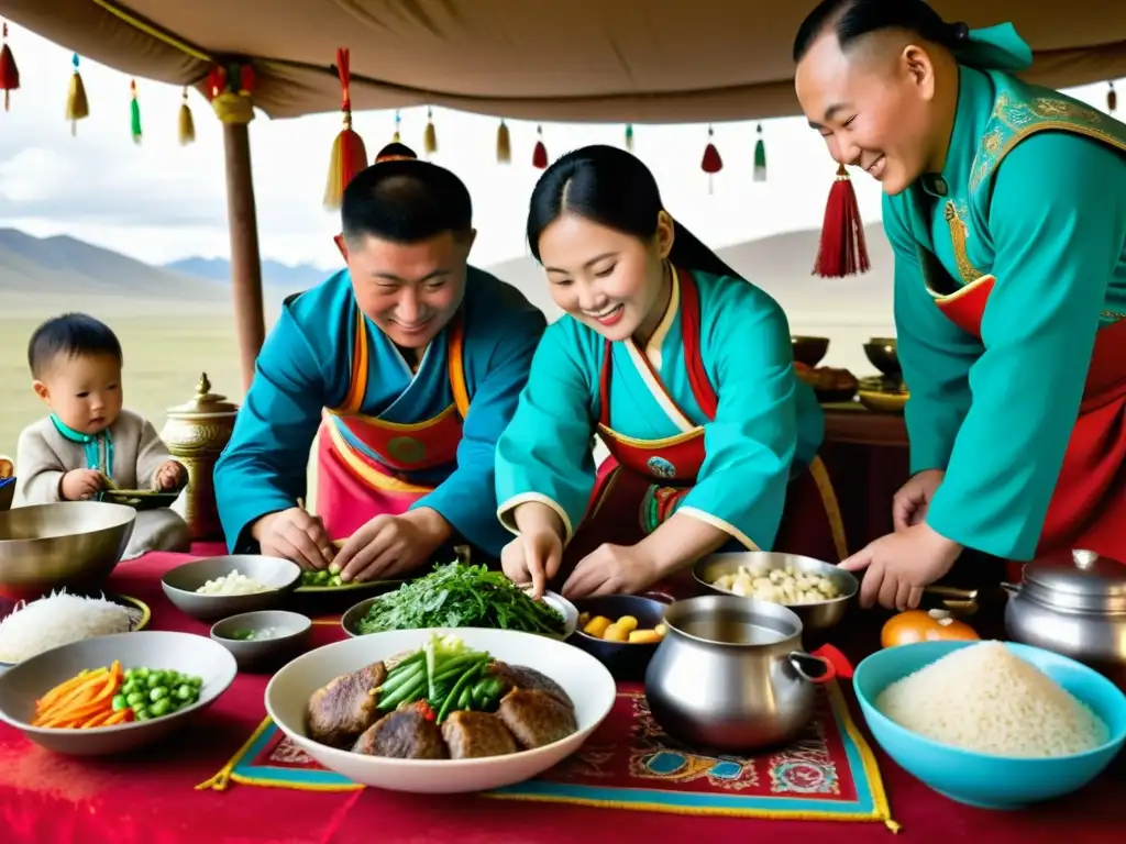 La festividad Tsagaan Sar en Mongolia: familia tradicional preparando platos mientras comparten el cálido significado de la celebración