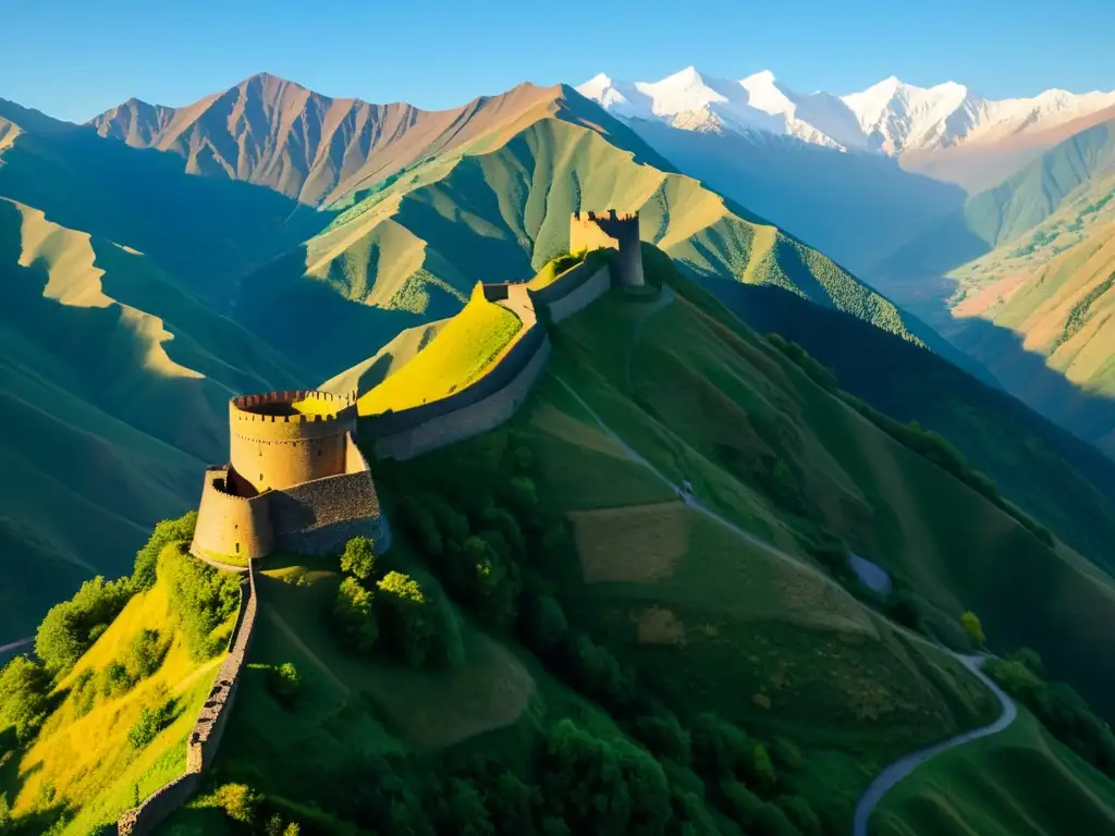 Fortaleza antigua en las montañas del Cáucaso, iluminada por el sol, con el paisaje impresionante de Georgia y Armenia de fondo