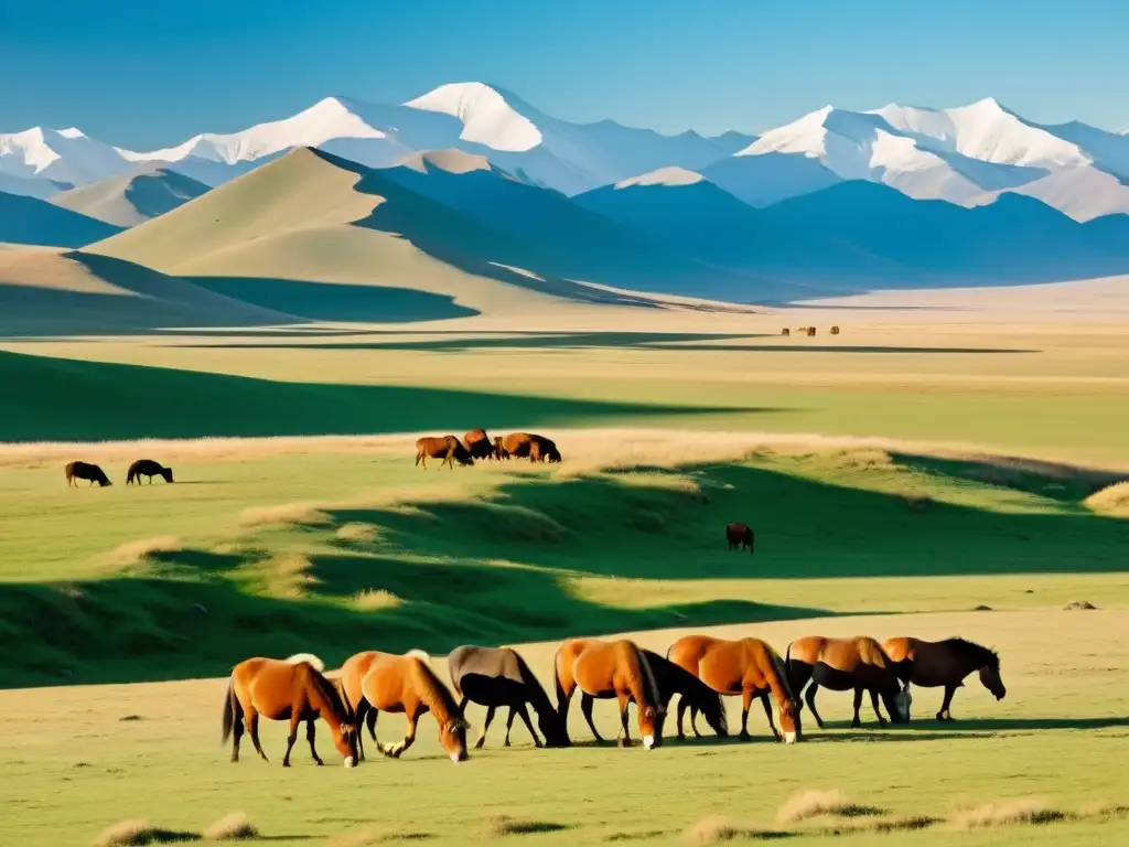 Foto de la belleza natural de la campiña mongola, con vastas llanuras, montañas nevadas, cielo azul y caballos salvajes