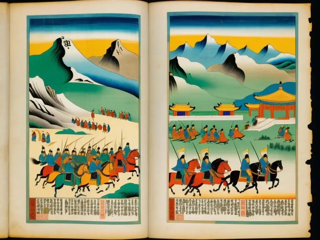 Fuentes literarias historia Imperio Mongol: Detallado manuscrito mongol con caligrafía y escenas imperiales, evocando la rica tradición narrativa