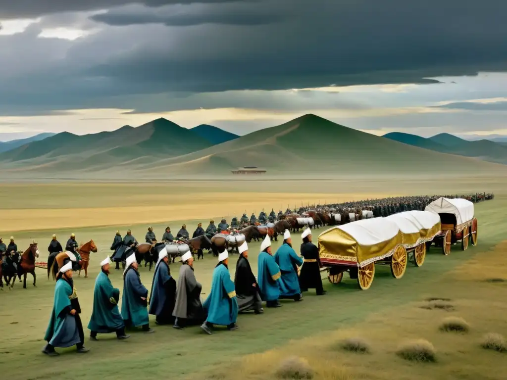 Funeral de Genghis Khan en la estepa mongola, con luto y soldados rodeando su cuerpo en un cortejo dorado