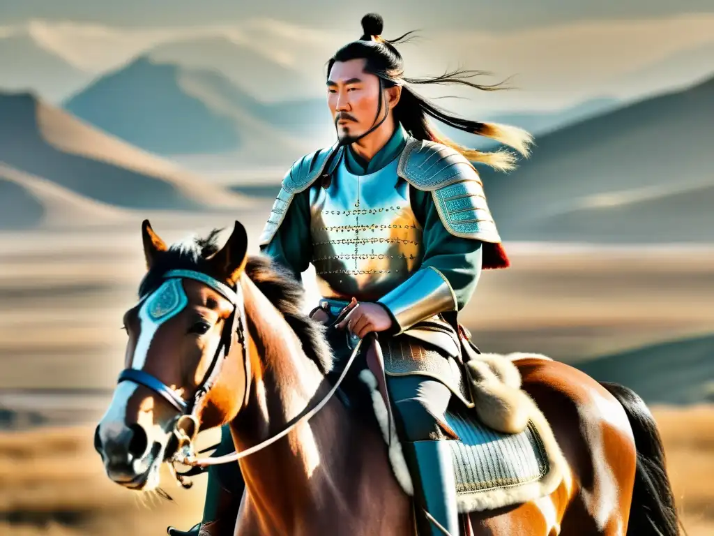 Genghis Khan en un caballo majestuoso, con armadura guerrera mongola, sosteniendo un arco