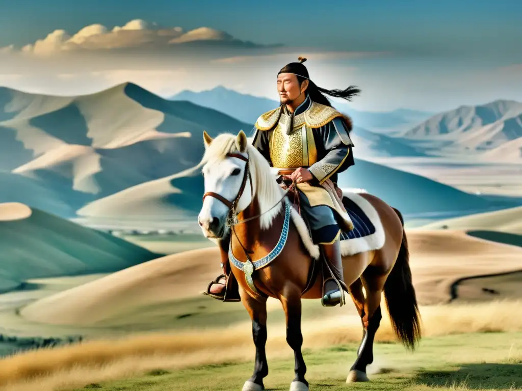 Genghis Khan en un caballo mongol con un águila dorada en su brazo, en paisaje vasto de Mongolia