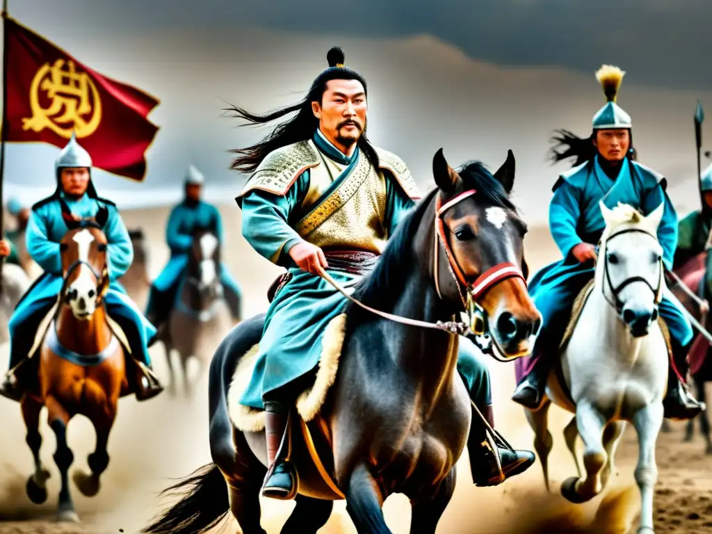 Genghis Khan liderando una carga en el campo de batalla, con estrategias de liderazgo en campañas mongolas