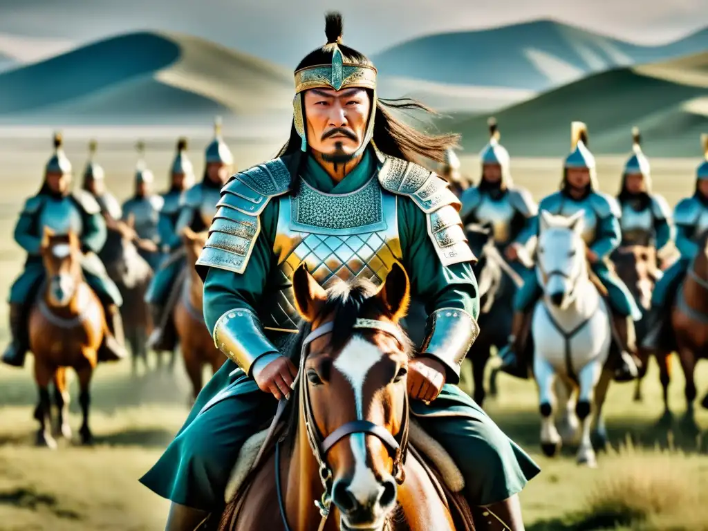 Genghis Khan en el Cine: Imagen ultradetallada de la intensa batalla liderada por Genghis Khan a caballo en las vastas estepas de Mongolia, con expresión feroz y armadura tradicional