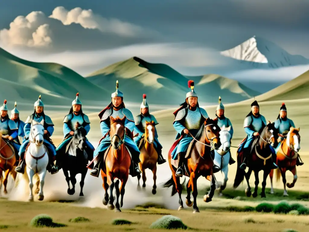 Genghis Khan lidera su ejército a caballo por las estepas de Mongolia, con montañas y nubes de fondo