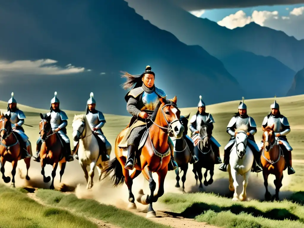 Genghis Khan lidera su ejército a caballo por las vastas y áridas tierras de Asia