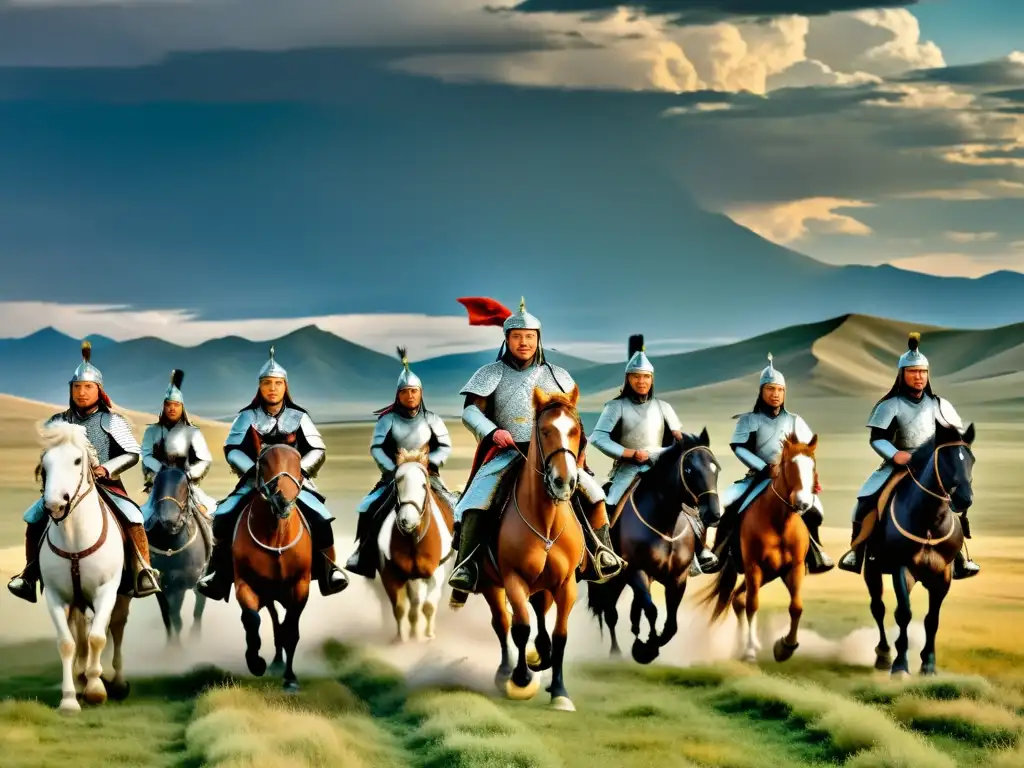 Genghis Khan lidera su ejército en la Conquista del Imperio Mongol, con la vasta y dramática estepa como telón de fondo