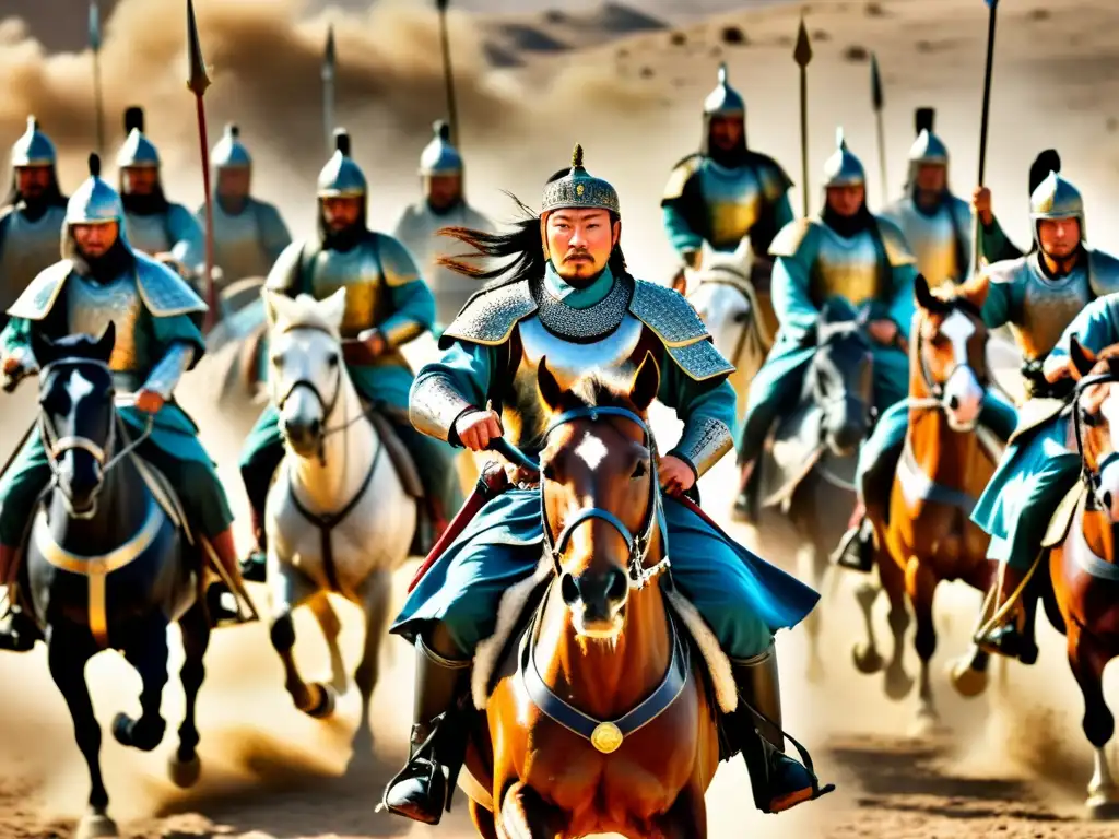 Genghis Khan lidera su ejército en un dramático conflicto con los califatos, mostrando tensión y poder