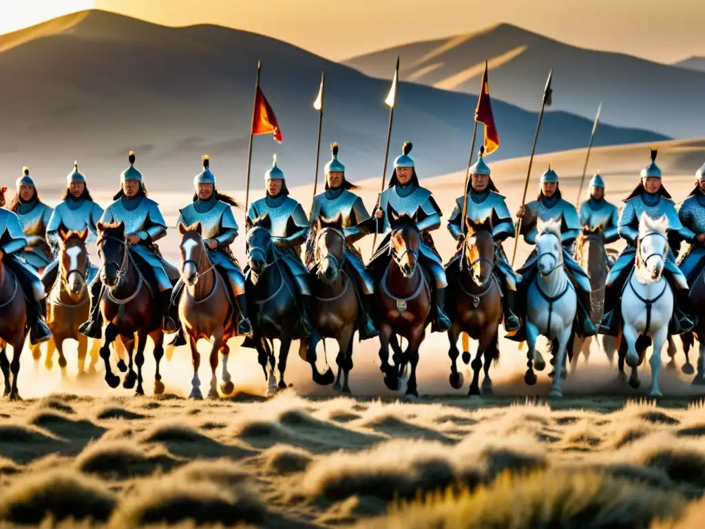 Genghis Khan liderando un ejército de guerreros mongoles a caballo en la estepa, con el sol poniéndose detrás