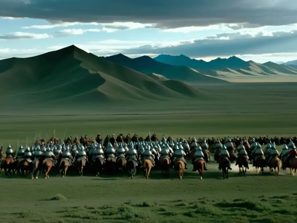 Genghis Khan lidera su ejército a través de las estepas mongolas, capturando la grandeza del Imperio Mongol y su legado cultural