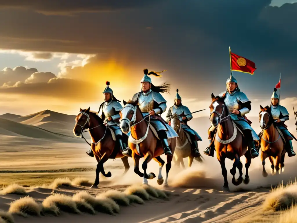 Genghis Khan lidera su ejército a través de las estepas mongolas al atardecer