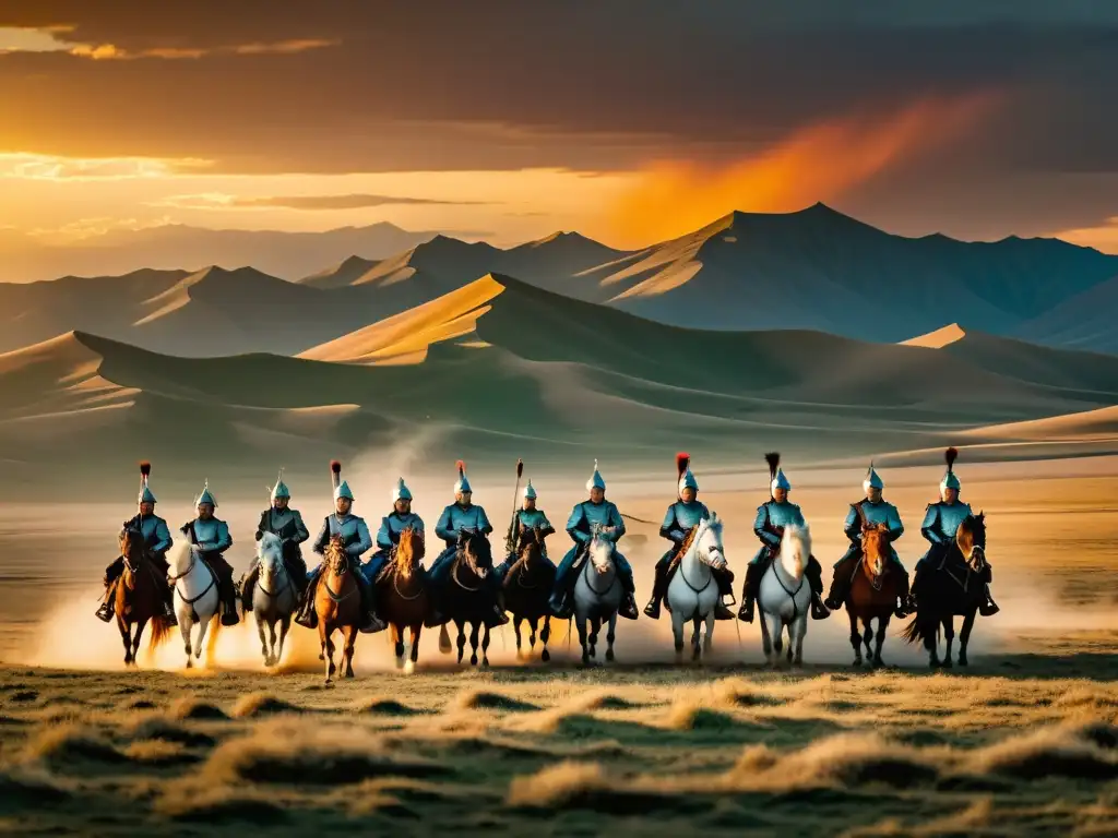 Genghis Khan lidera su ejército en la vasta estepa mongola al atardecer, mostrando su legado cultural y conquistas mongolas