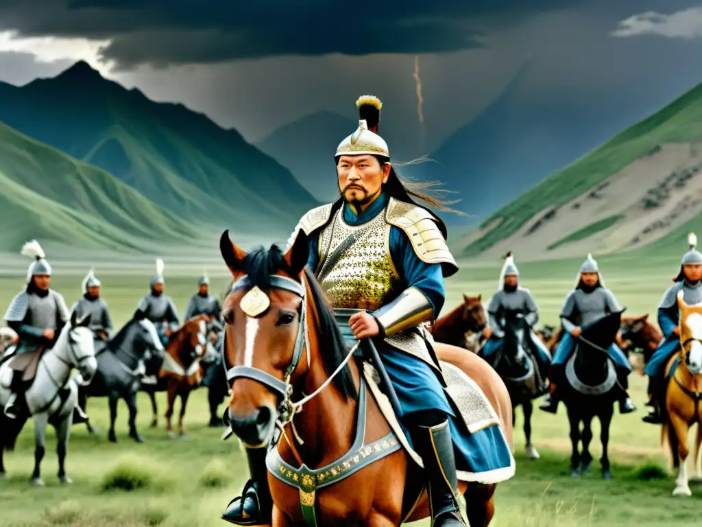 Genghis Khan lidera estrategias militares mongolas contra islam en pintura de batalla montañosa con cielo tormentoso