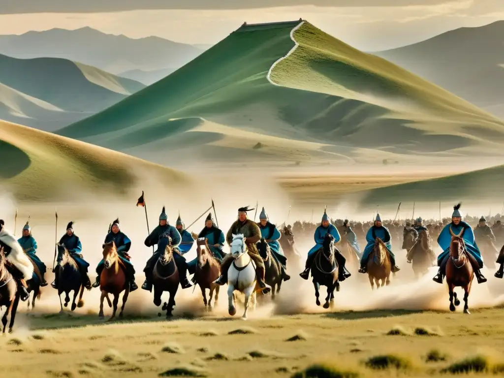 Genghis Khan lidera una feroz carga de caballería en las estepas mongolas, evocando la intensidad de las conquistas mongolas y su impacto en las dinastías