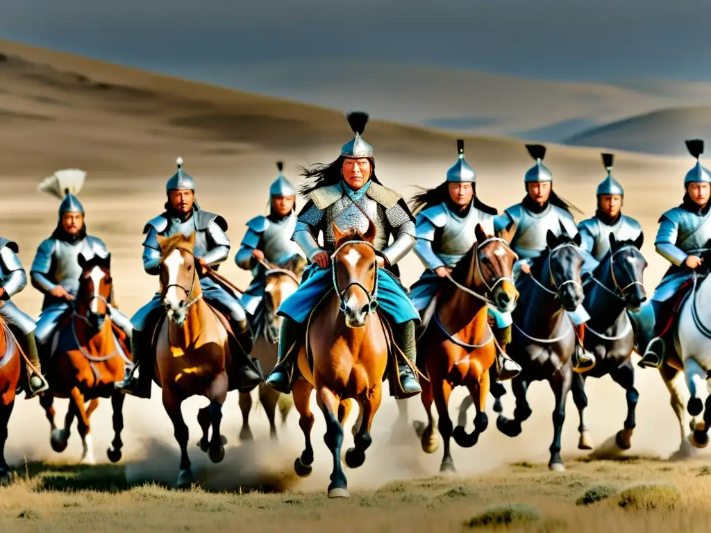 Genghis Khan lidera un feroz ejército mongol en la árida estepa, reflejando la intensa mentalidad guerrera mongola