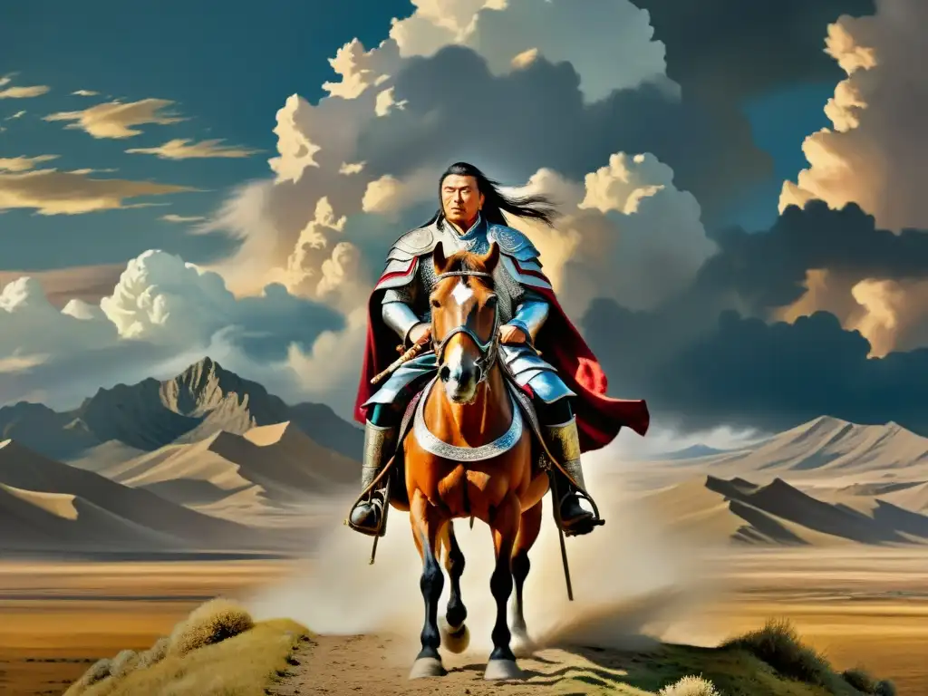 Genghis Khan liderando un grupo de guerreros a caballo en un paisaje épico