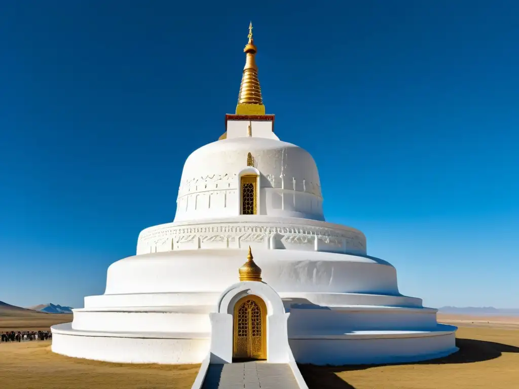 Estupa Blanca de Genghis Khan: Serenidad y Grandeza en 8K Estupa blanca Genghis Khan en imponente paisaje mongol, simbolizando conquista y espiritualidad, bajo cielo azul sereno