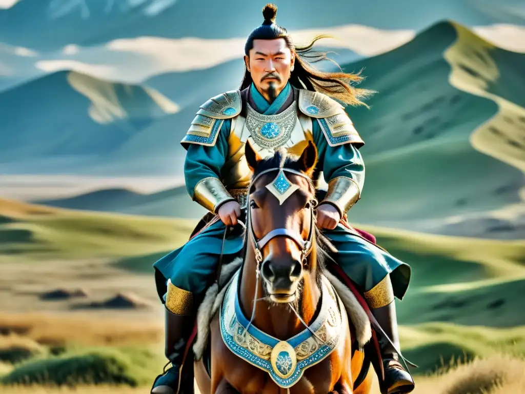 Genghis Khan, líder legendario, a lomos de un corcel poderoso en las estepas de Mongolia