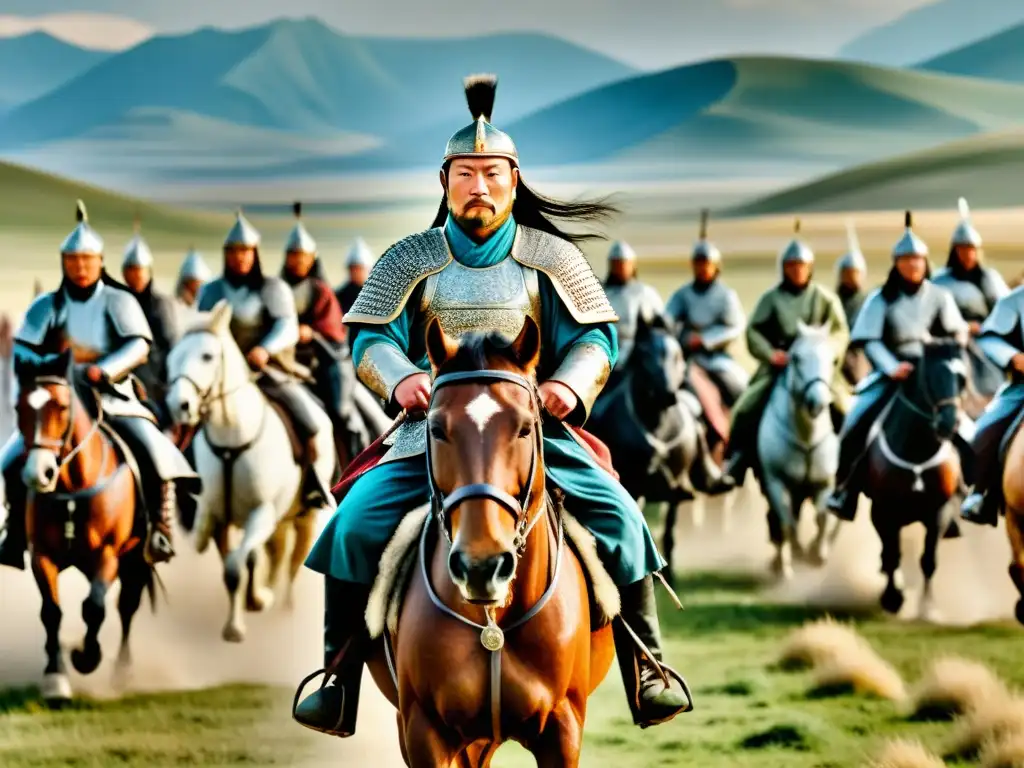 Genghis Khan lidera la invasión mongol a Europa, con sus guerreros y banners al viento