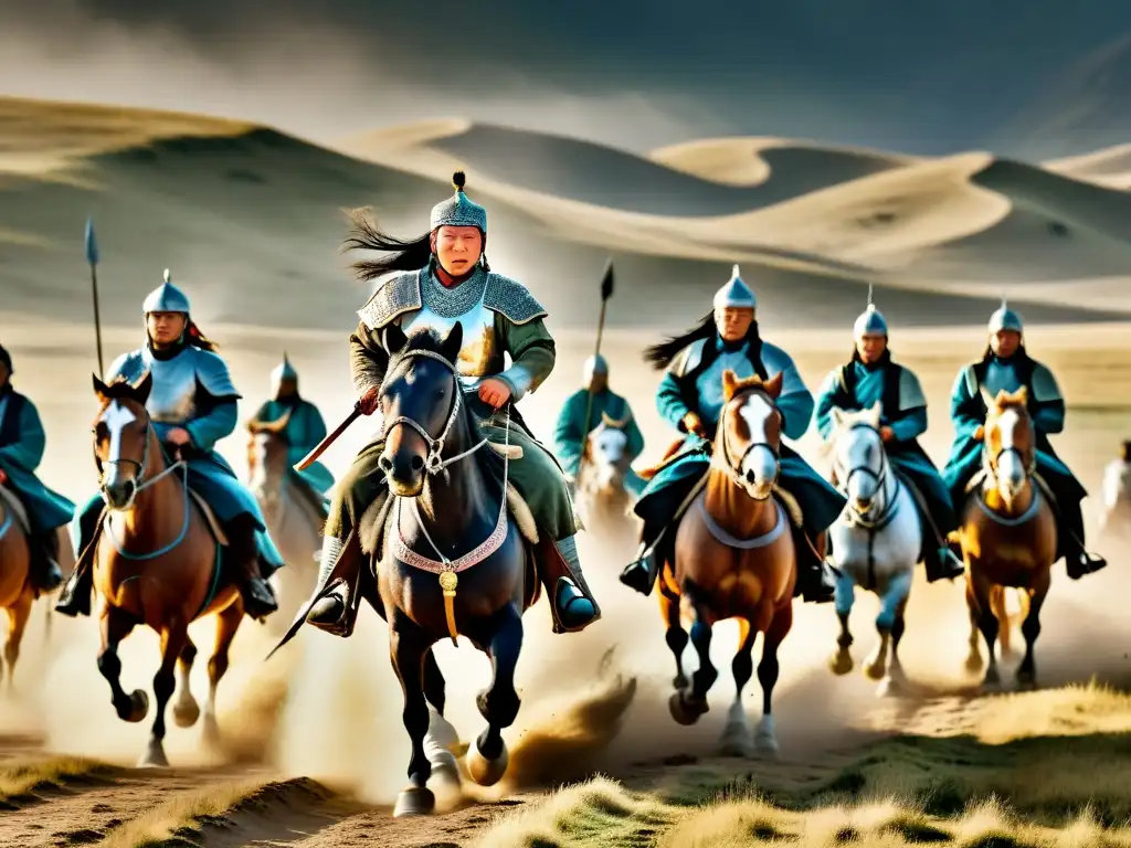 Genghis Khan lidera la invasión mongola en el Islam a través de los paisajes de la estepa, con dramática iluminación y remolinos de polvo