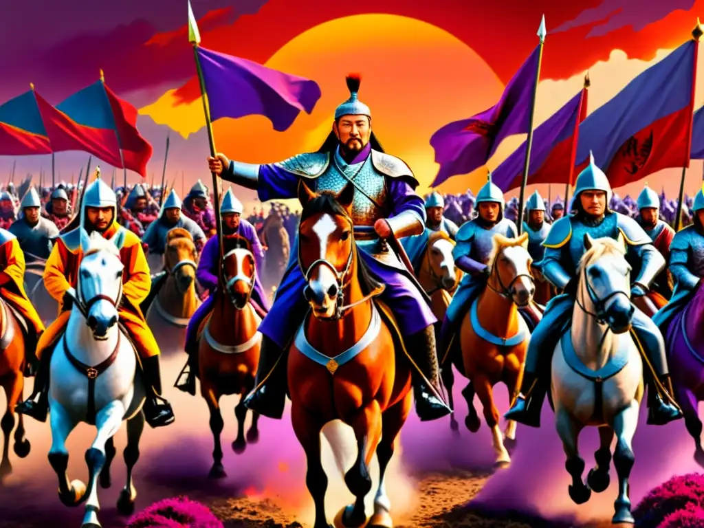 Genghis Khan lidera un poderoso ejército en un atardecer dramático, mostrando los secretos de la fundación del Imperio Mongol invencible