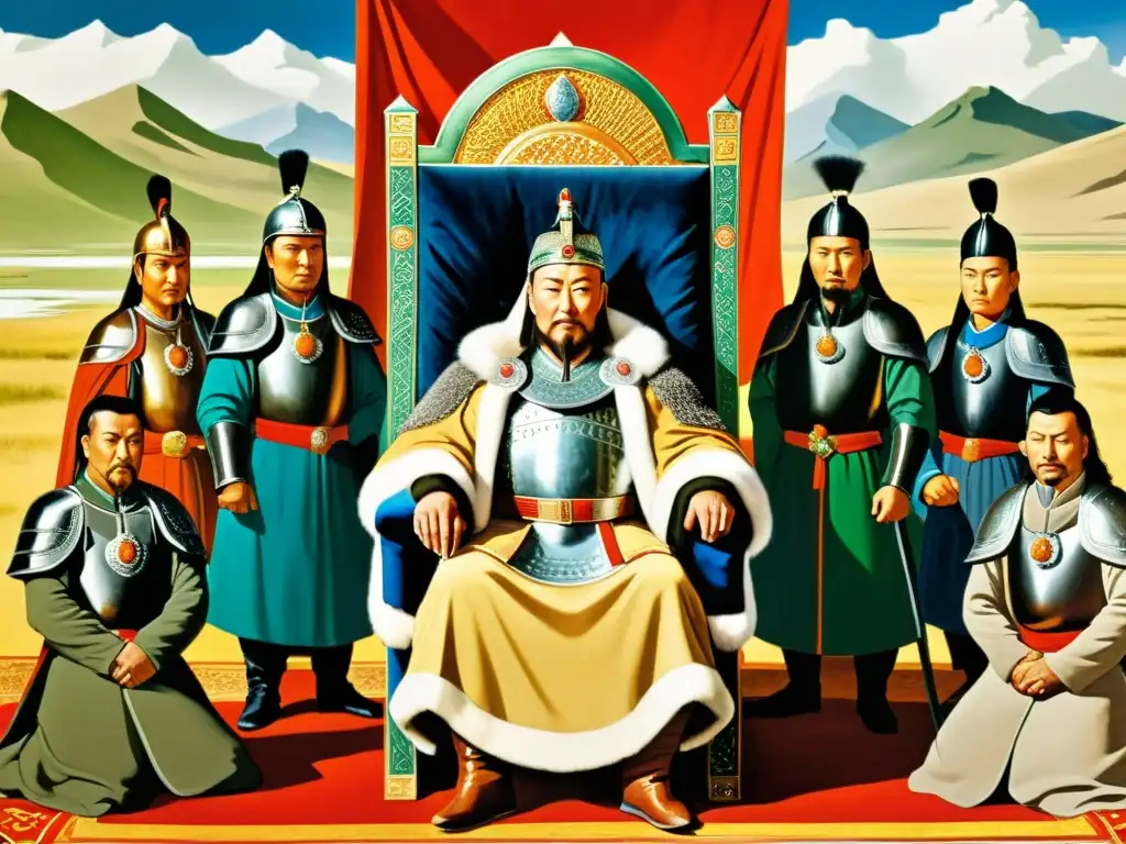 Genghis Khan, líder poderoso en su trono, rodeado de consejeros y generales en la estepa mongol