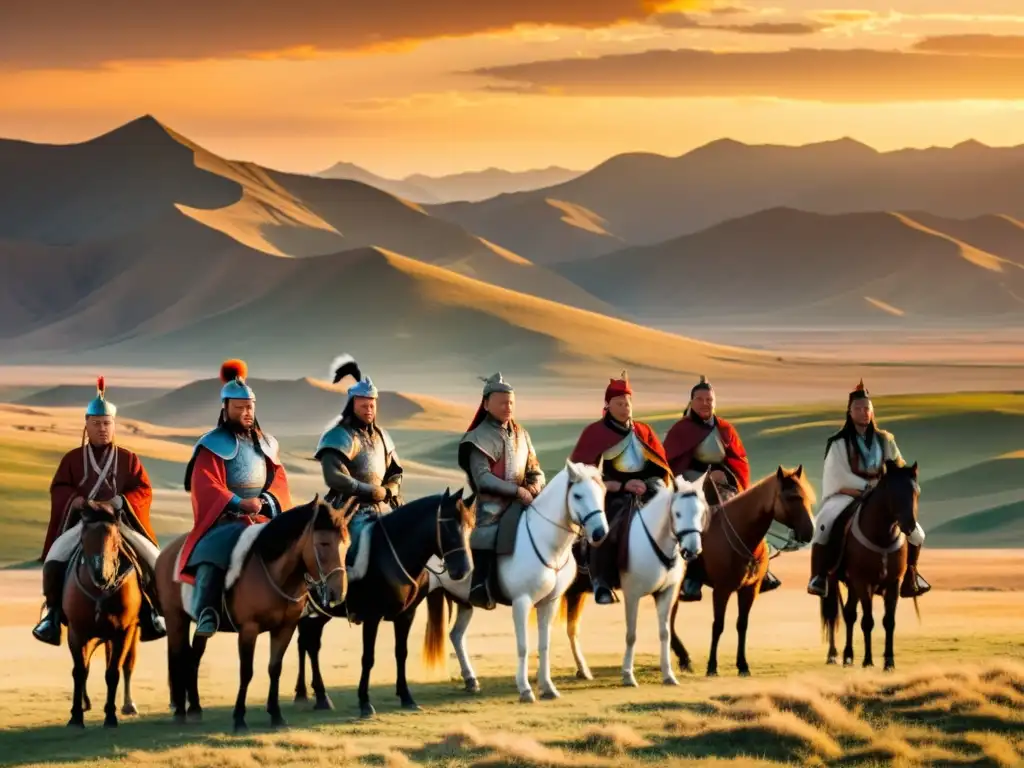 Genghis Khan, rodeado de generales y asesores, contempla el vasto paisaje mongol al atardecer