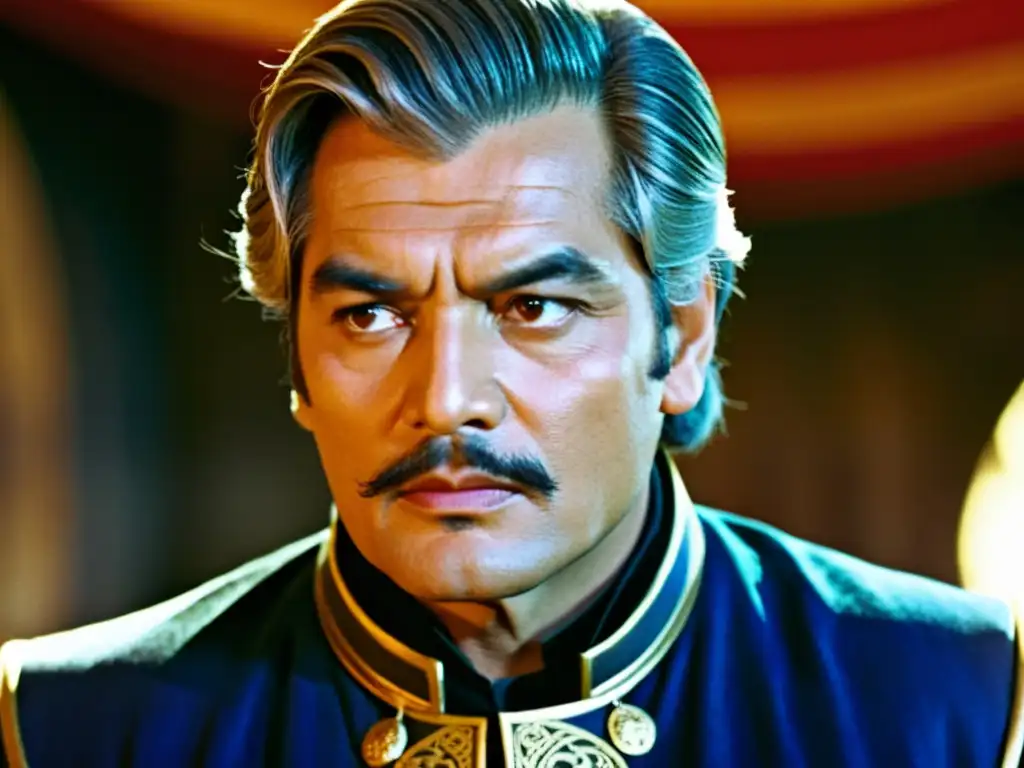 Omar Sharif como Genghis Khan proyecta determinación y sabiduría en un retrato cinematográfico, destacando su influencia cultural global