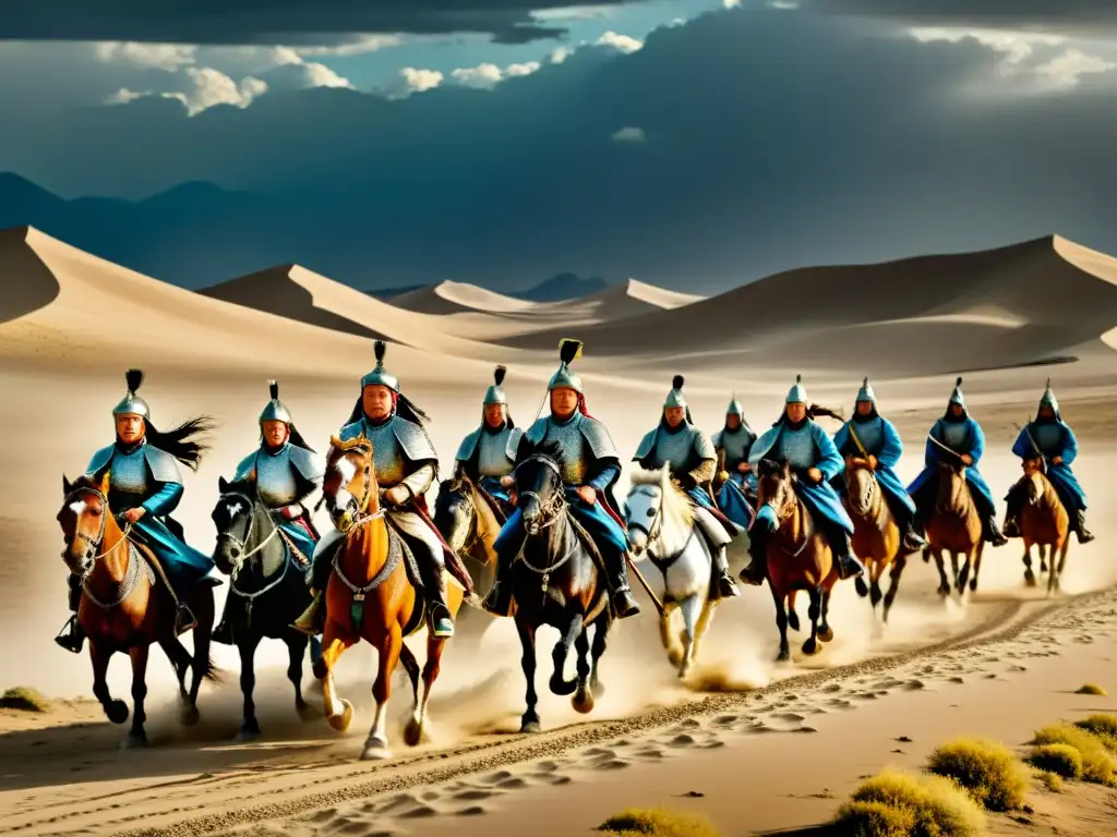 Genghis Khan lidera una expedición mongol a través del desierto, mostrando determinación y conflicto en los Califatos islámicos