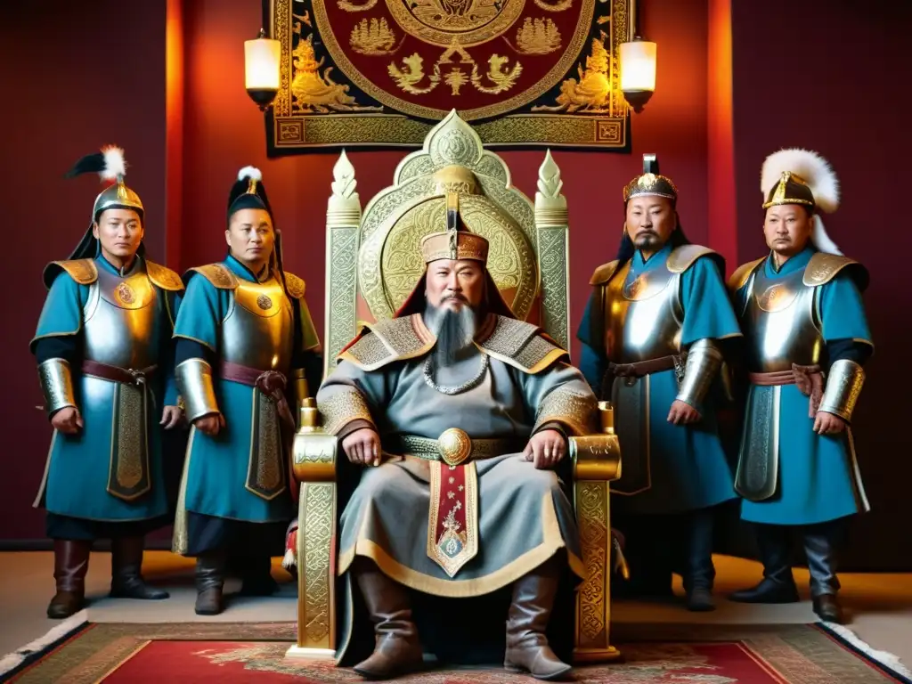 Genghis Khan en un trono dorado rodeado de generales, estrategizando la unificación de tribus mongoles