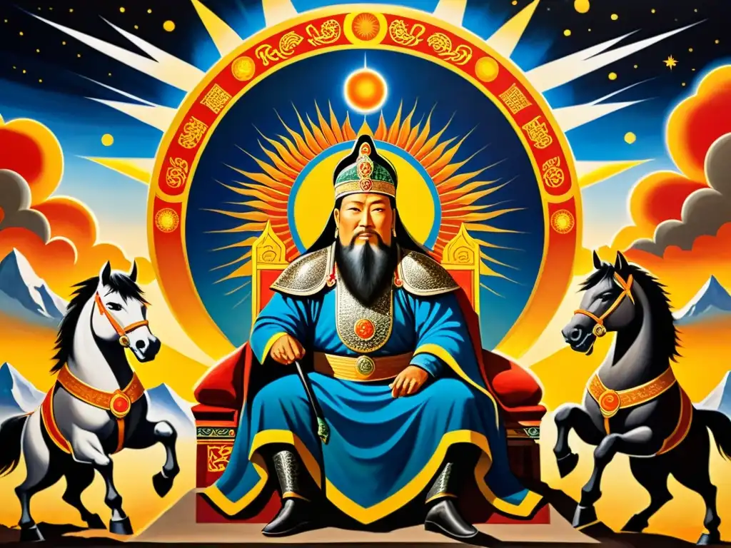 Genghis Khan en un trono majestuoso rodeado por tres soles, reflejando las interpretaciones espirituales del Imperio Mongol