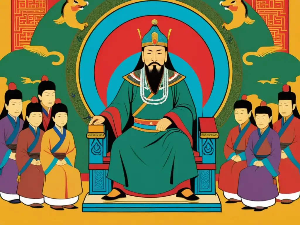 Genghis Khan en su trono, rodeado de generales y consejeros, implementando estrategias para la unificación de las tribus mongoles