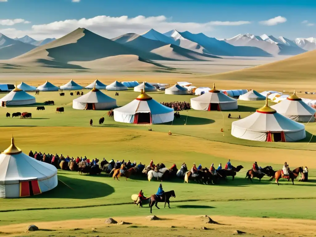 Genghis Khan gobierna el vasto imperio mongol desde su trono dorado, rodeado de yurtas y mercados