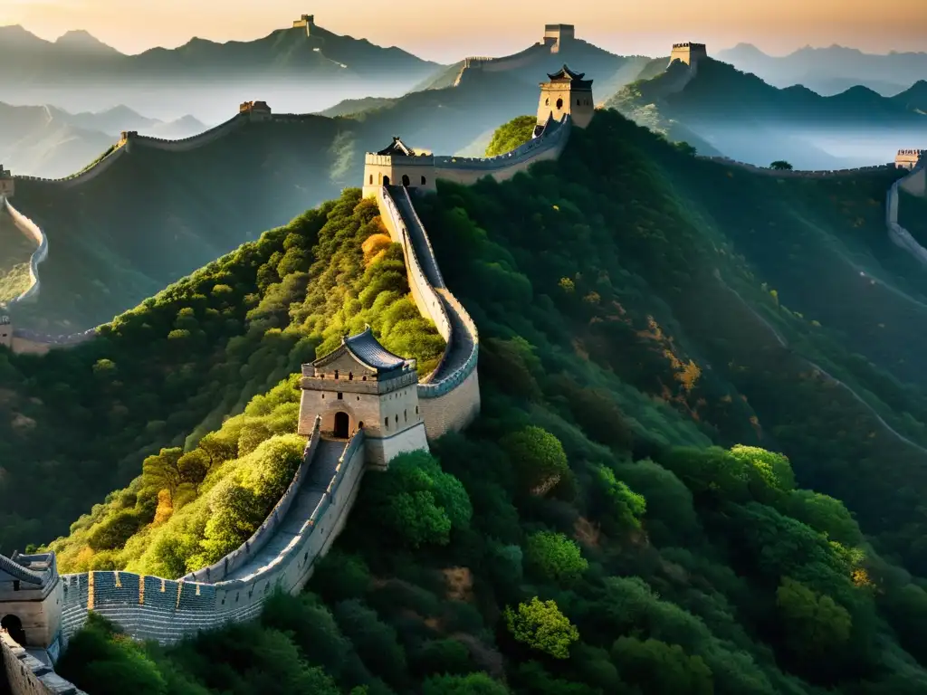 La Gran Muralla China se eleva majestuosa sobre las montañas al atardecer, con detalles arquitectónicos impresionantes