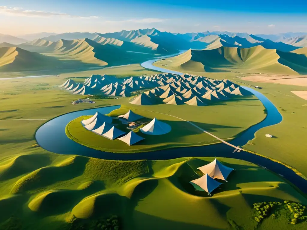 Imponente imperio mongol: vista aérea impactante La grandiosidad del Imperio Mongol se refleja en esta vista aérea, con sus praderas, montañas y ríos