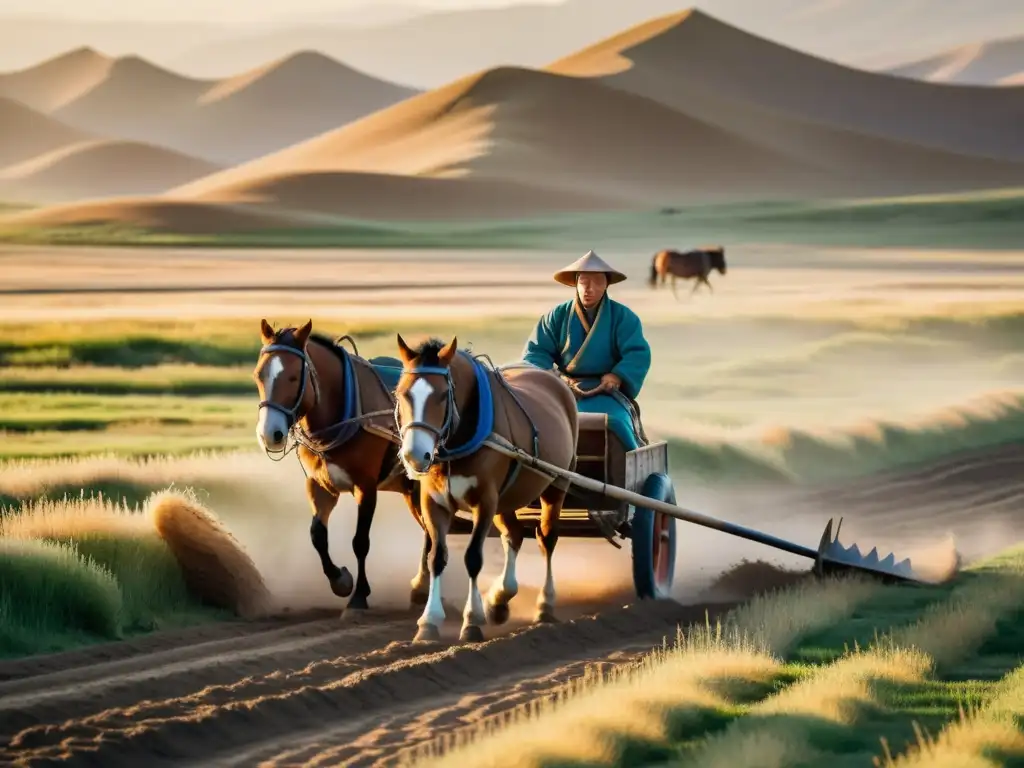 Campesino mongol arando la estepa con herramientas tradicionales Un granjero mongol ara los campos con herramientas agrícolas ingeniosas, mientras los caballos tiran del arado de madera en la vasta estepa mongola
